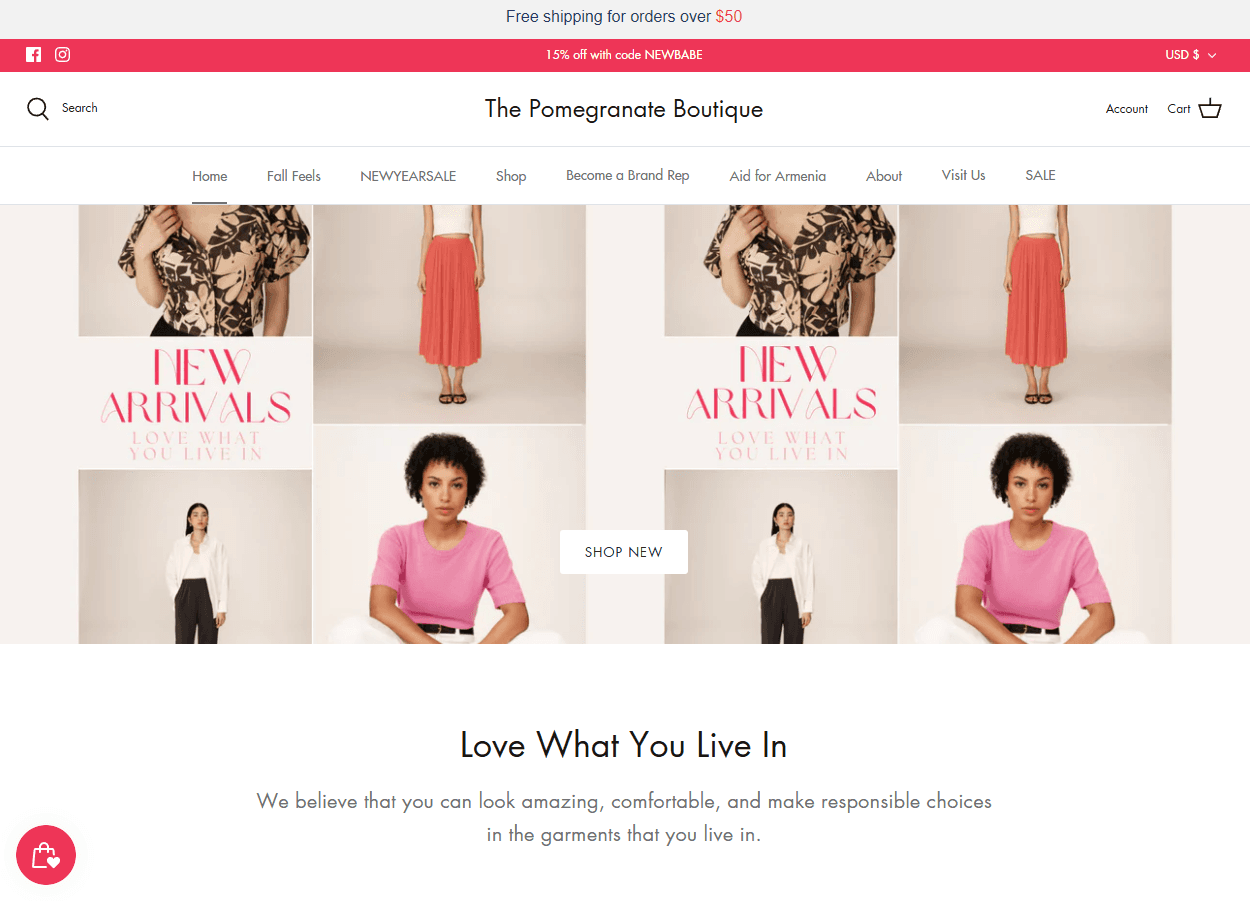 Homepage for the pomegranate boutique, a clothing e-commerce store